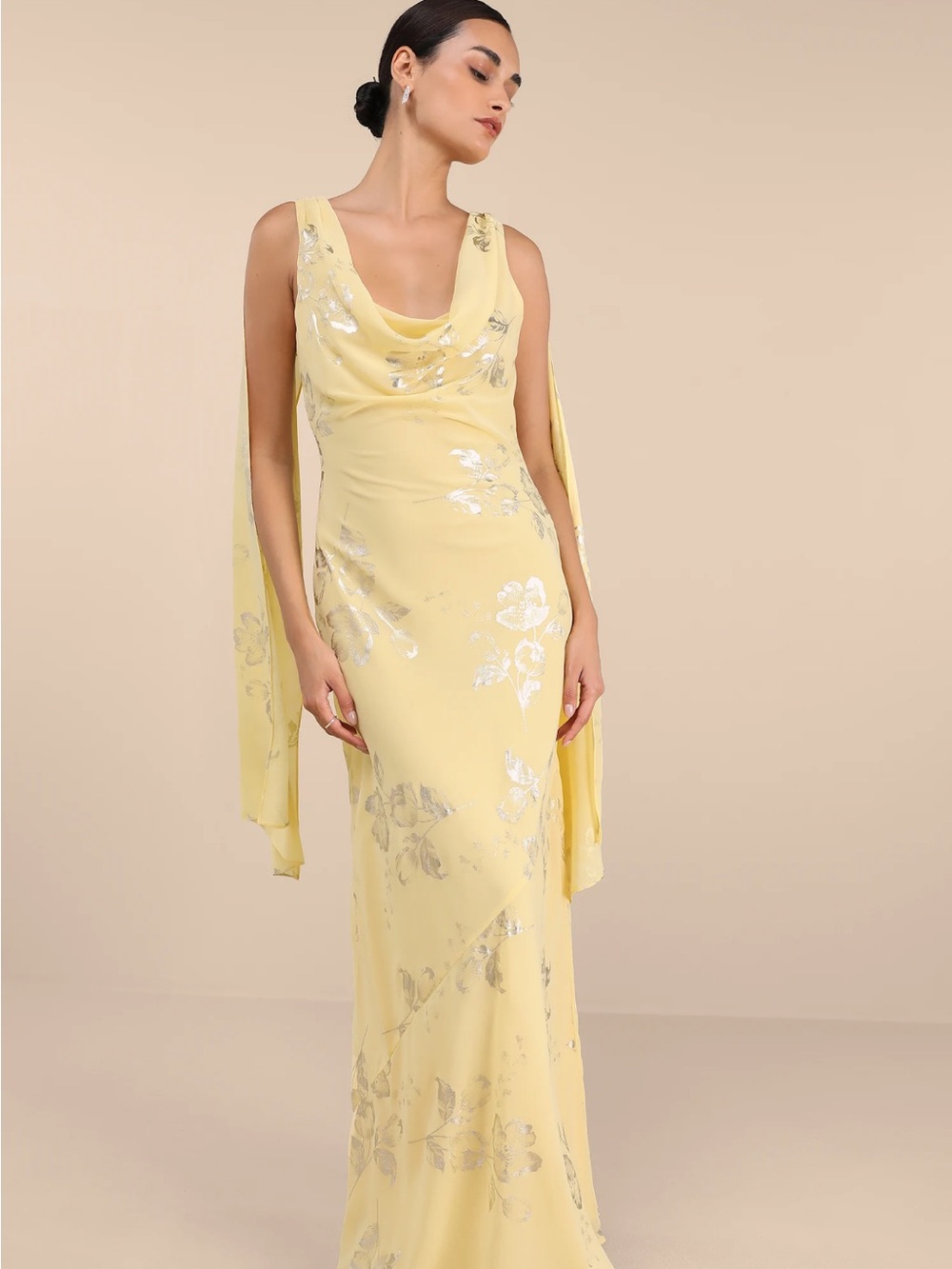 Lulu's Pale Yellow Metallic Floral Cowl-Neck Maxi Dress
